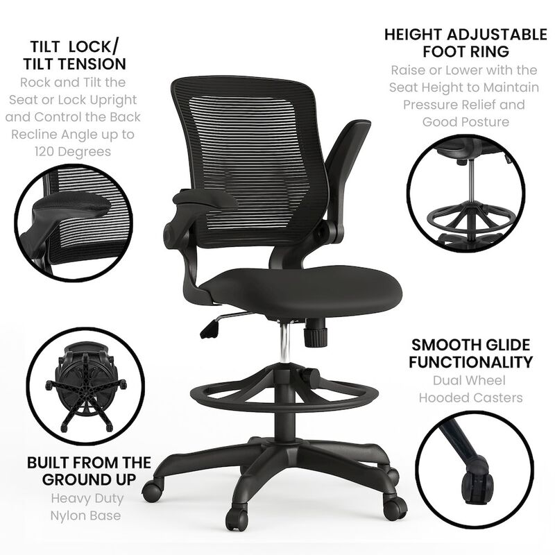 Flash Furniture Mid-Back Black Mesh Drafting Chair with Adjustable Foot Ring and Flip-Up Arms image number 2