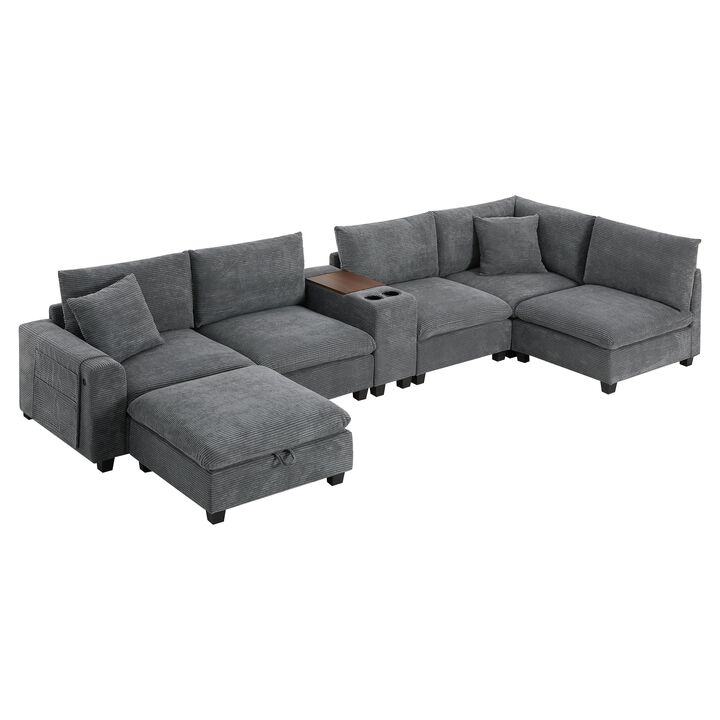 Clihome 140'' Oversized Modular Sectional Sofa with Movable Storage Ottoman and Console,Removable Storage Pockets,Cup Holder,Wide Seat,USB Charger,6 Seat U Shaped Corduroy Couch for Living Room