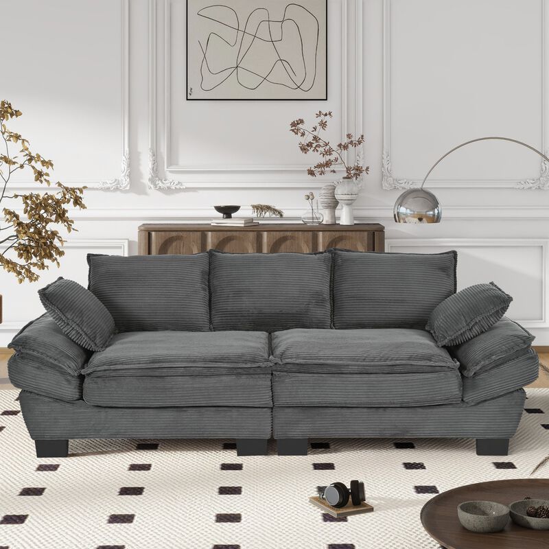 Clihome 85.4" Modern Curved Corduroy Fabric Couch Sofa,Back Upholstered Couch with 2 Decorative Throw Pillows image number 1