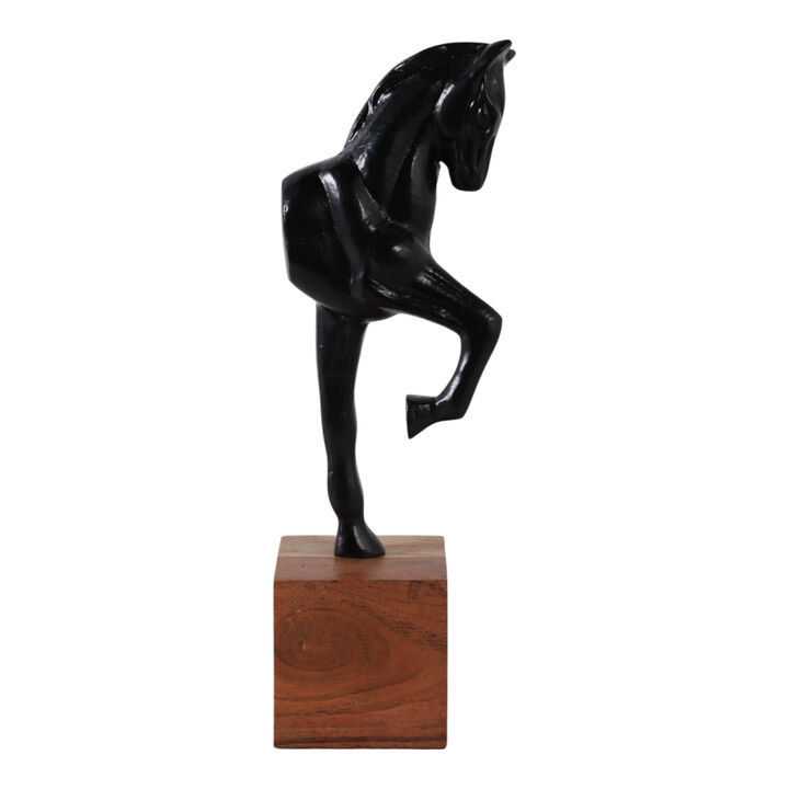 12x4" Galloping Horse On Wood Stand, Black/ Brown