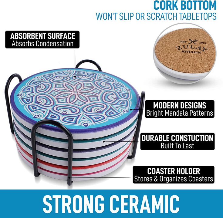 Set of 6 Mandala Absorbent Ceramic Stone Coasters for Drinks