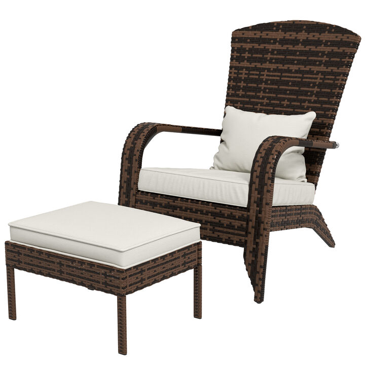 Outsunny Patio Wicker Adirondack Chair with Ottoman, Outdoor Fire Pit Chair with Cushions, High-Back, Large Seat & Armrests for Deck, Garden & Backyard, Cream White