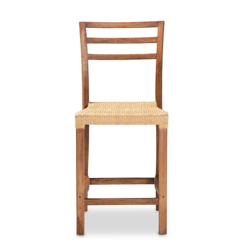 Baxton Studio Arthur Mid-Century Modern Walnut Brown Mahogany Wood and Natural Rattan Counter Stool