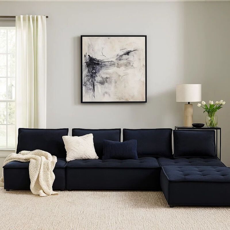 Alaya 5pc Foam Modular Sectional Sofa with Ottoman, Black Velvet Upholstery