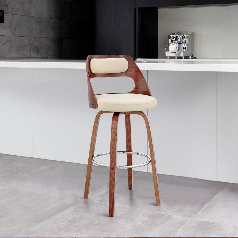 Julius  Gray Faux Leather and Walnut Wood Bar Stool