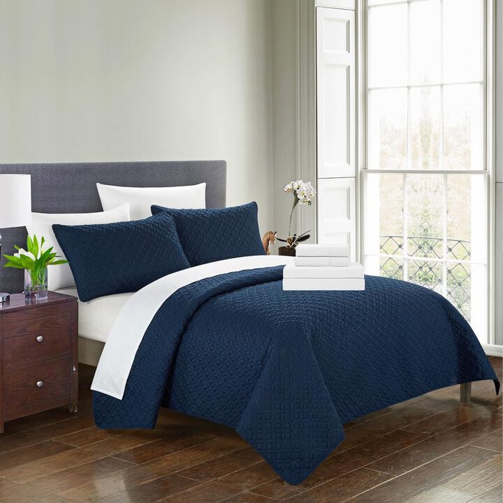 Chic Home Palmgren Rose Star Geometric 7 Pieces Quilted Bed In A Bag Soft Microfiber Sheet Set Decorative Pillows & Shams - King 104x90, Navy