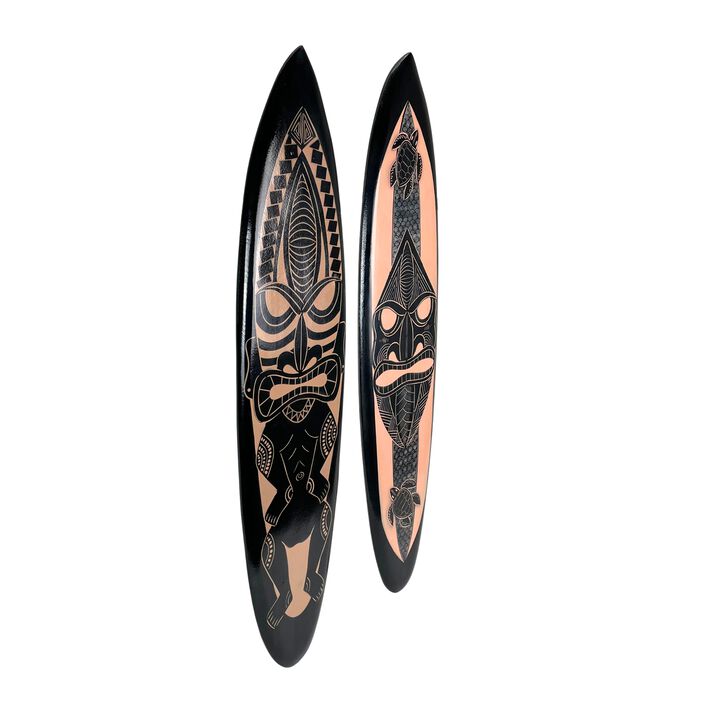Set of 2 Surfboards &ndash; Tiki Mask Design, 39" Wood Wall Art, Tropical Decor