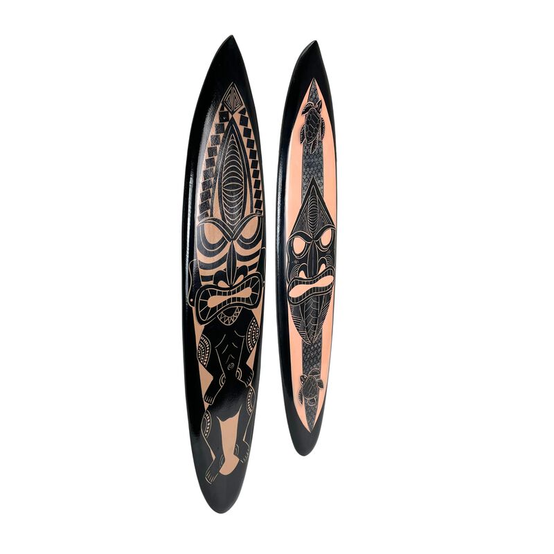 Set of 2 Surfboards &ndash; Tiki Mask Design, 39" Wood Wall Art, Tropical Decor image number 1