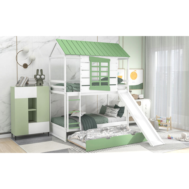 Twin Over Twin Size House Bunk Bed With Convertible Slide And Trundle