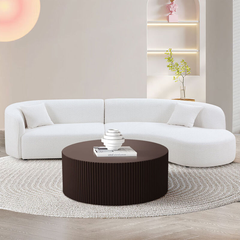 Artisanal Round MDF Coffee Table with Handcrafted Relief and Stunning Painting Finish, Brown