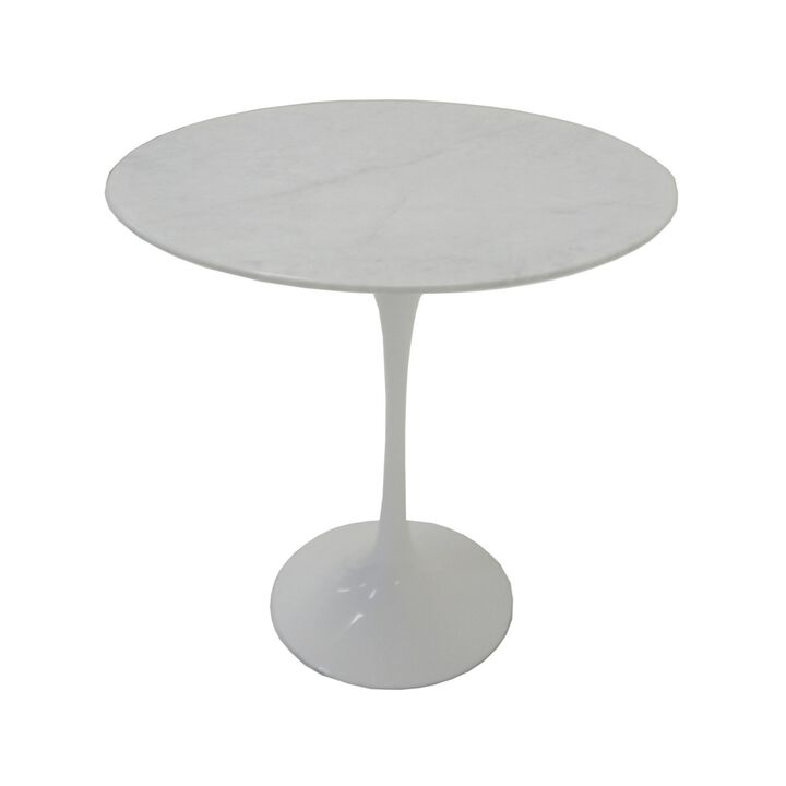Sufi 21 Inch Side End Table, Round Top, Pedestal Base, Marble White Finish