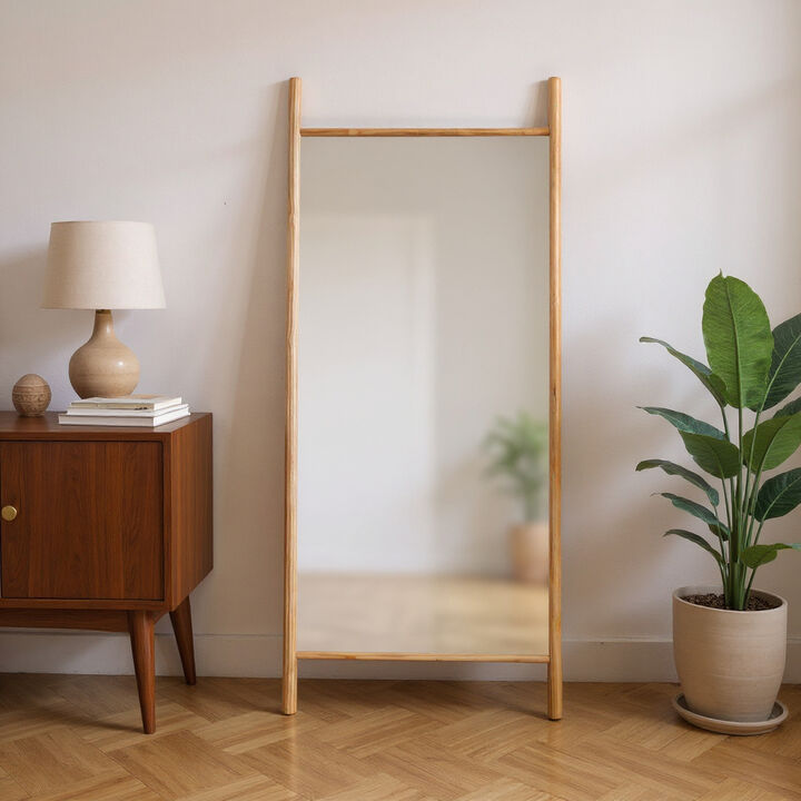 HomeRoots 71" Natural Solid Wood Ladder Leaning Framed Full Length Mirror