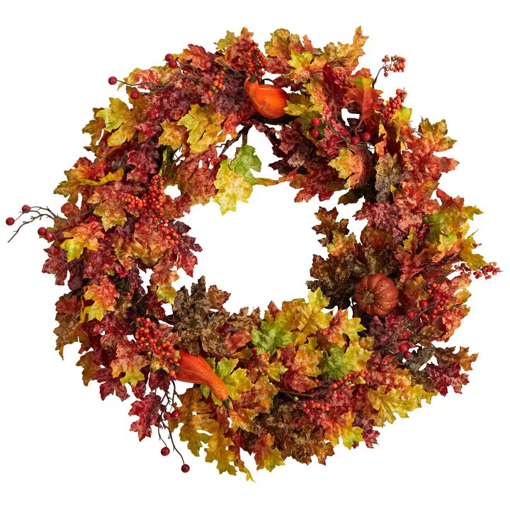 Hivvago 32" Autumn Oak Leaf, Berries and Pumpkin Artificial Autumn Wreath