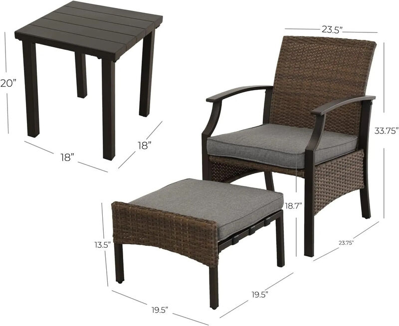 MONDAWE Wicker Formal Dinning Chair and Foot Rest Side Table Set With Soft Cushions In Metal Frame (Set of 5)