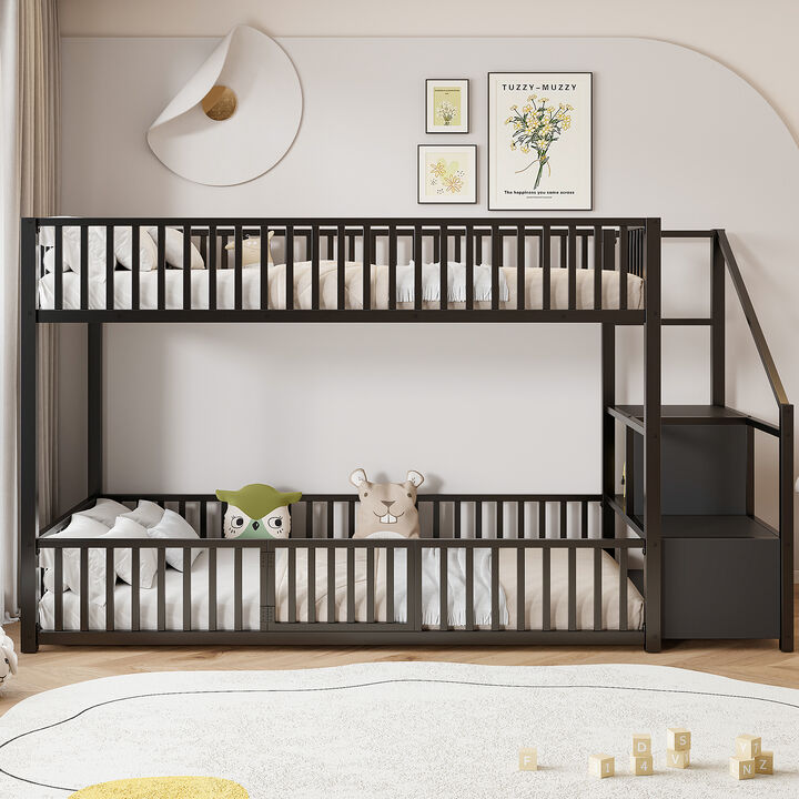 Merax Low-Profile Twin Over Twin Metal Bunk Bed with Storage Ladder