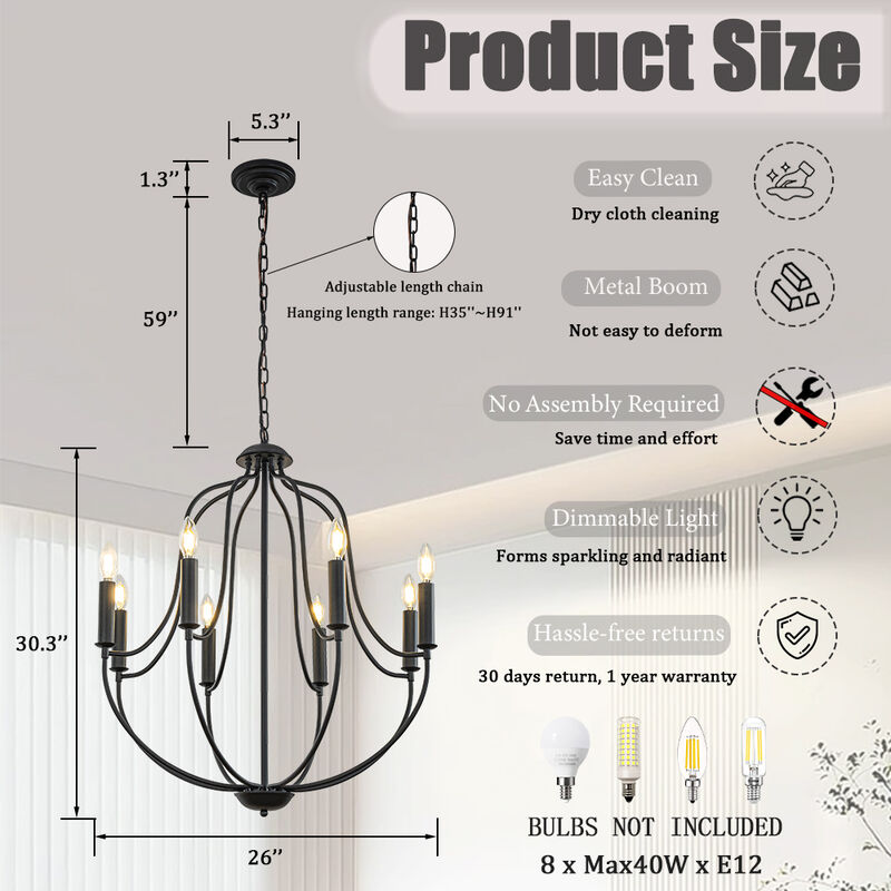W26 in 8 Lights Modern Classic Candelabra Chandelier Farmhouse Glam Candle Pendant Light For Living Room Dining Room And Entryway image number 5