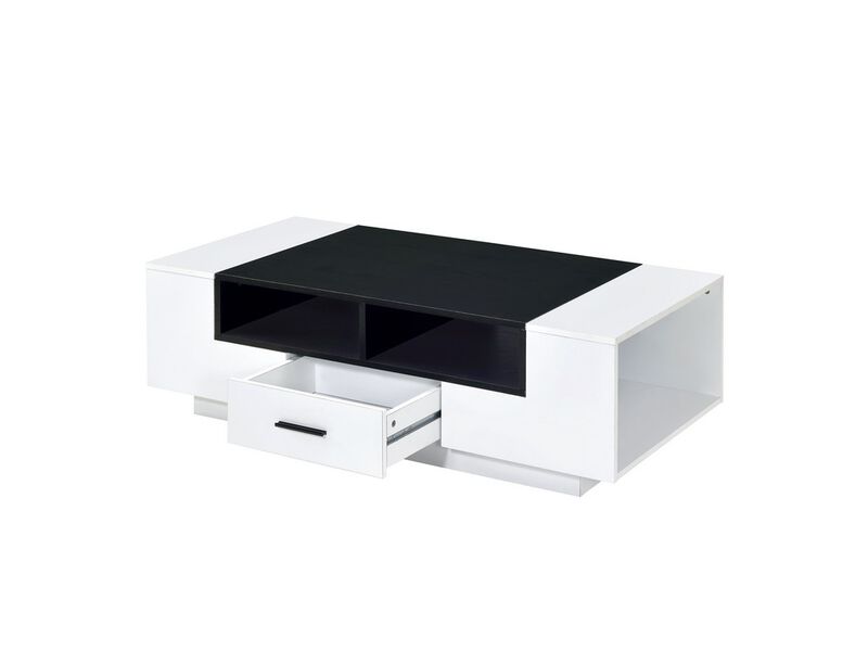 Contemporary Coffee Table with Drawer and Open Compartment, Black and White-Benzara image number 3