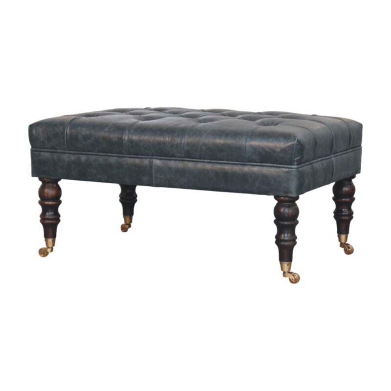 Artisan Furniture Solid Wood Leather Ottoman with Castor Legs