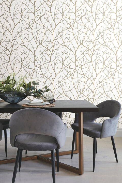 Trees Silhouette White & Gold Wallpaper