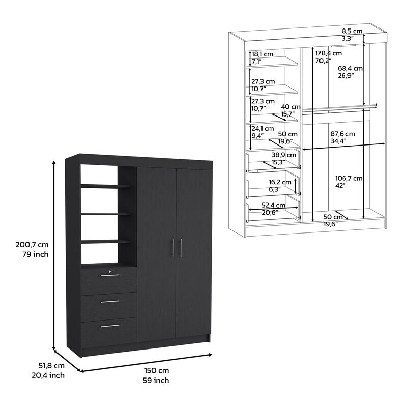 DEPOT E-SHOP Laurel 3-Tier Shelf and Drawers Armoire with Metal Handles, Black