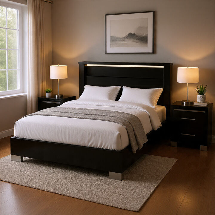Queen Bedroom Set, Black, Chrome Wood, 2 Piece Set with Nightstand