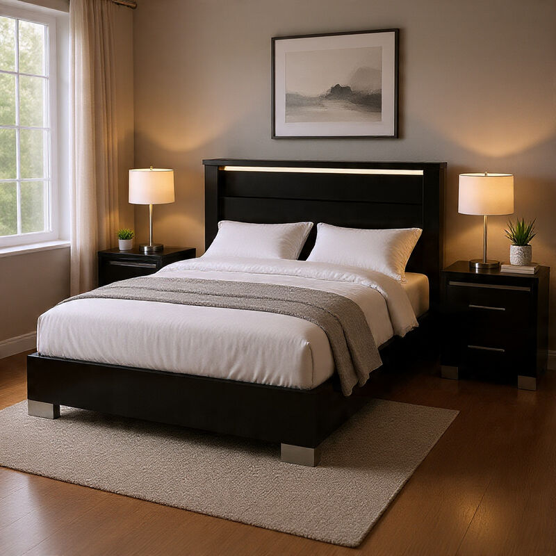 Queen Bedroom Set, Black, Chrome Wood, 2 Piece Set with Nightstand image number 1