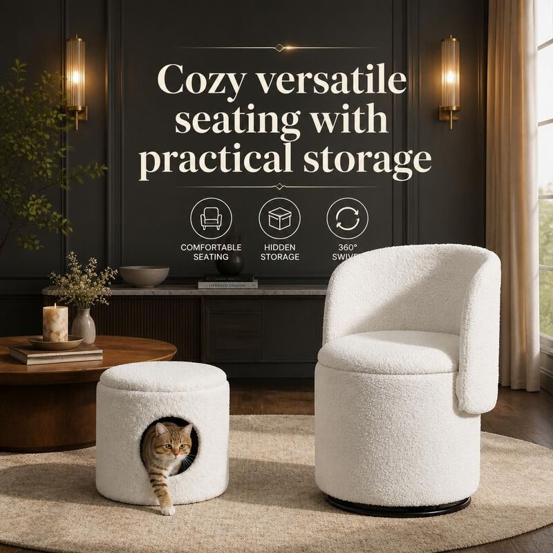 GOODSILO 360-Degree Swivel Upholstered Barrel Chair with Built-in Storage, Multi-Functional Stool for Bedroom Dining, Bonus Cat Bed image number 4