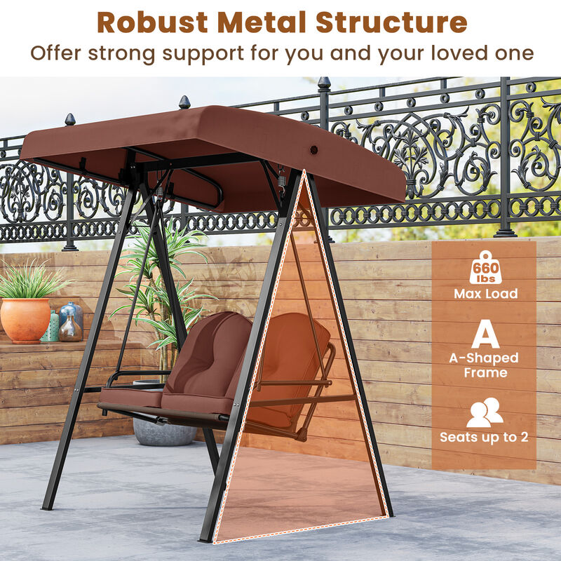 2-Person Outdoor Porch Swing with A-Frame Stand and Adjustable Canopy
