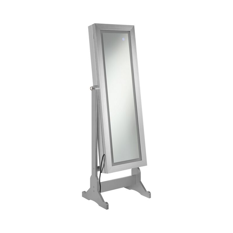 58 Inch Full Body Floor Cheval Mirror, Jewelry Storage, LED, Silver - Benzara