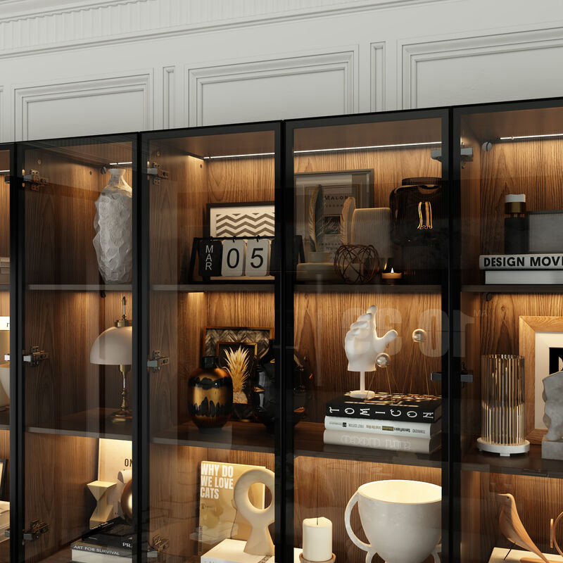 FUFU&GAGA Modern Wood Grain Cabinet with 6 Drawers, Black Aluminum Glass Doors & LED Strip Lights (94.4&rdquo;W x 15.7&rdquo;D x 78.7&rdquo;H), Walnut Finish