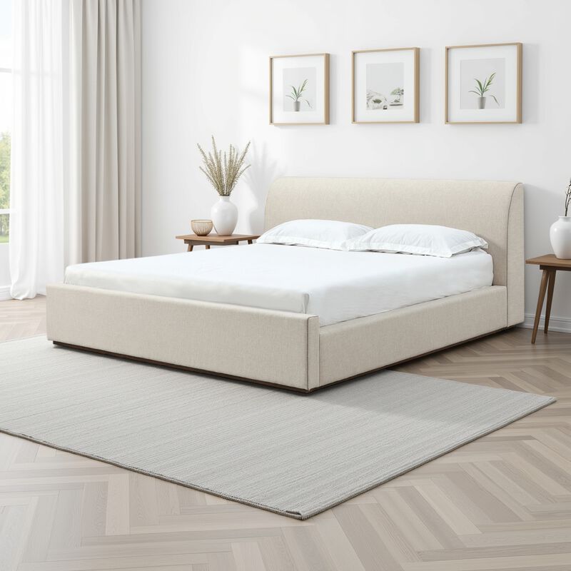Reza King Size Platform Bed, Sleigh Headboard, Low Profile, Beige Linen - Benzara