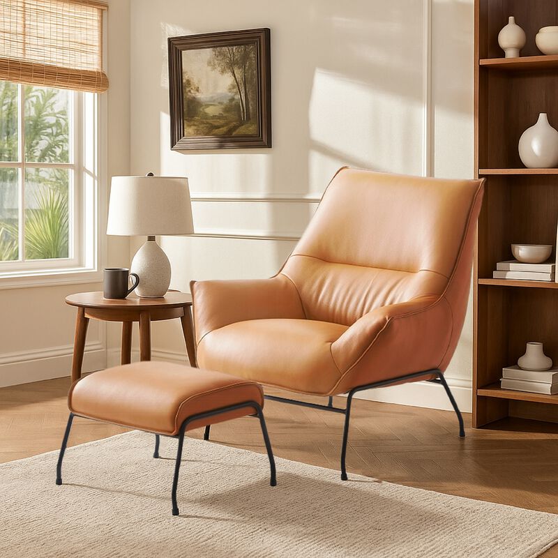 Abela 2pc Set Accent Chair and Ottoman, Sand Brown Top Grain Leather