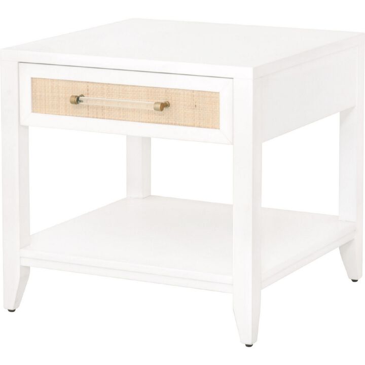 1 Drawer Wooden End Table with Rattan Weave and Acrylic Bar Pulls, White-Benzara