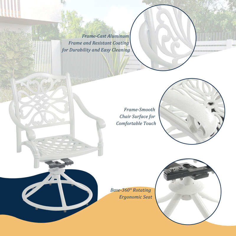 MONDAWE 5-Piece Elegant Cast Aluminum Patio Dining Set with Round Table & 4 Piece 360-degree Swivel Chairs