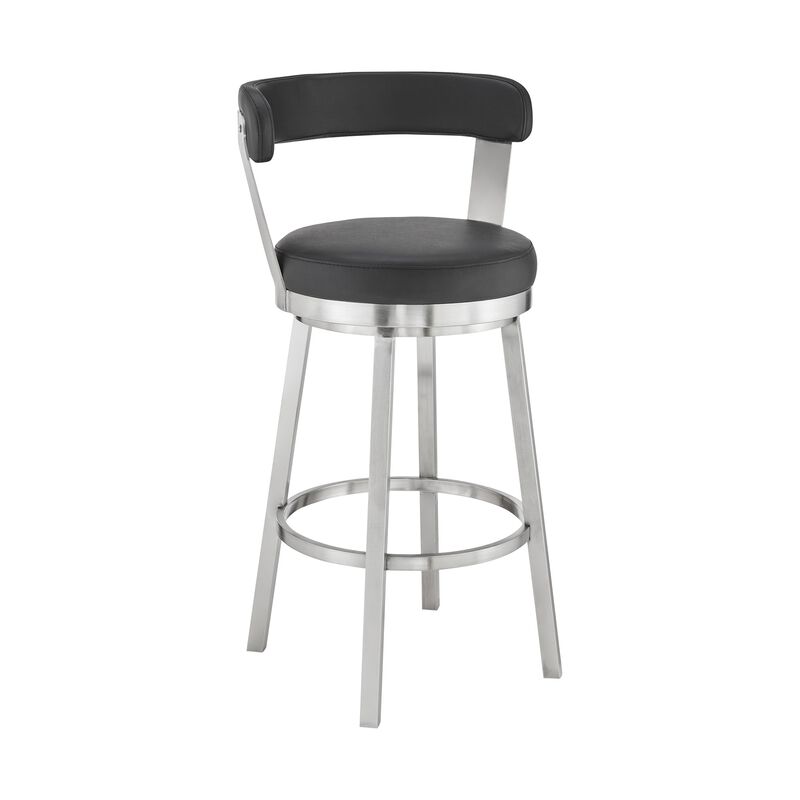 Emma 30 Inch Bar Height Swivel Stool, Steel Legs, Vegan Faux Leather, Black - Benzara