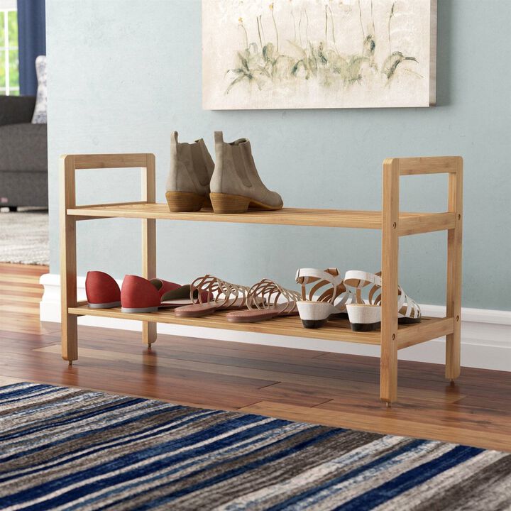 Modern Wicker 2 Shelf Shoe Rack Holds 8 Pairs for Entryway or Closet Storage