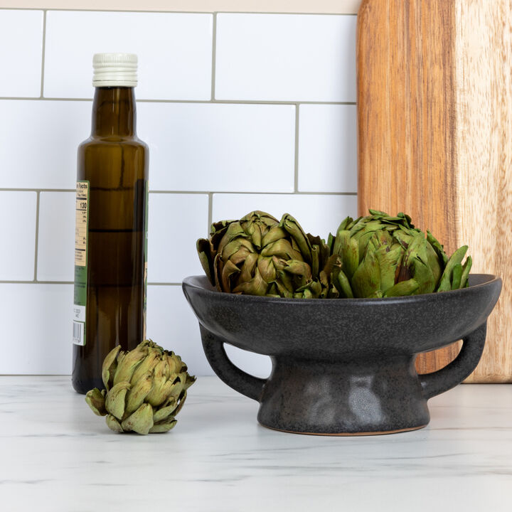 Stoneware Bowl with Handle and Base, Black Reactive Glaze