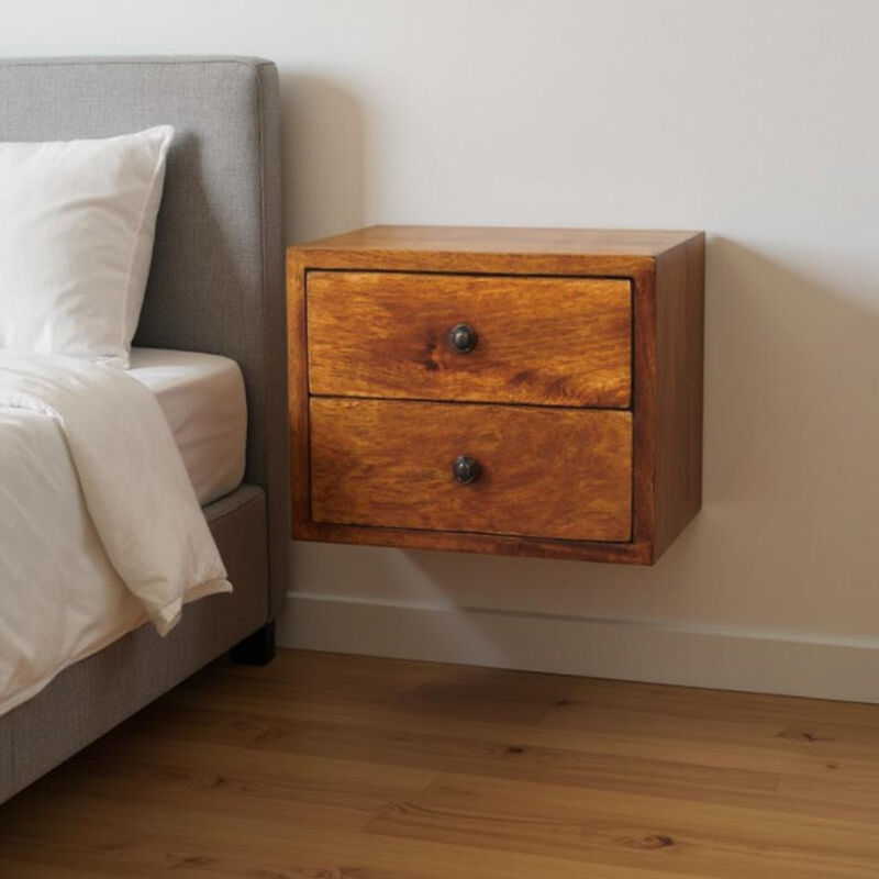 HomeRoots 12" Chestnut Solid Wood Two Drawer Floating Nightstand image number 1