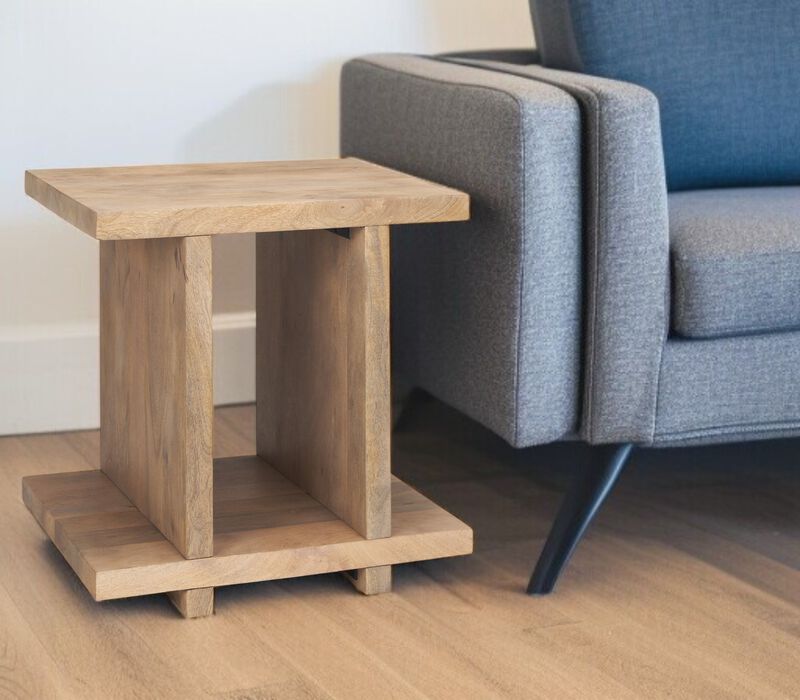 HomeRoots 22" Brown Solid Wood Sled End Table With Shelf image number 1