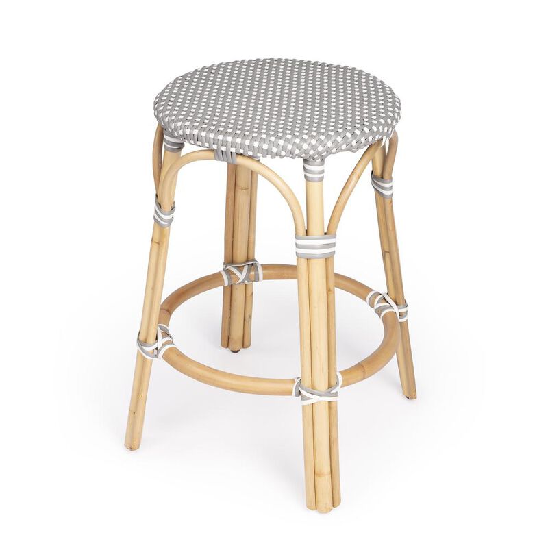 Butler Specialty Tobias Rattan Round 24 Counter Stool, Gray and White Dot