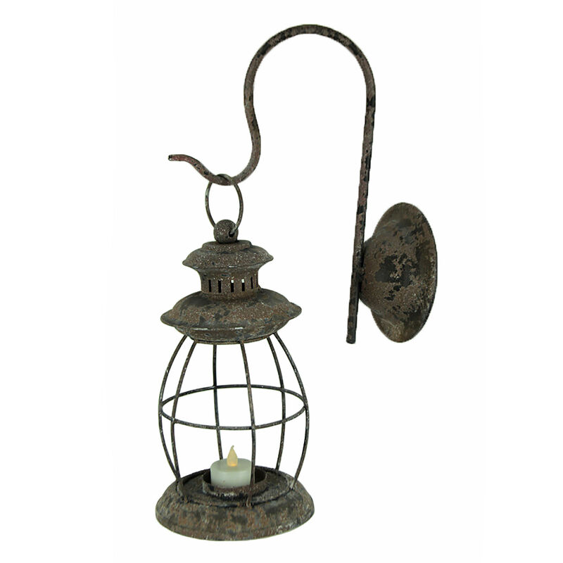 Set of 2 Distressed Black Wall-Mounted Metal Candle Sconces Lanterns image number 1