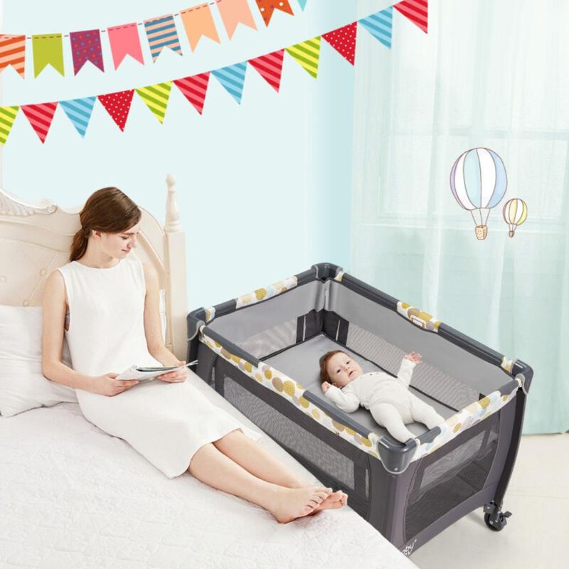 Hivvago 4-in-1 Convertible Portable Baby Playard Newborn Napper with Music and Toys