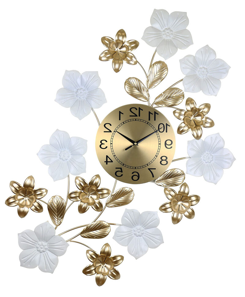 HomeRoots 26" Gold White And Black Metal Silent Analog Floral Wall Clock image number 2