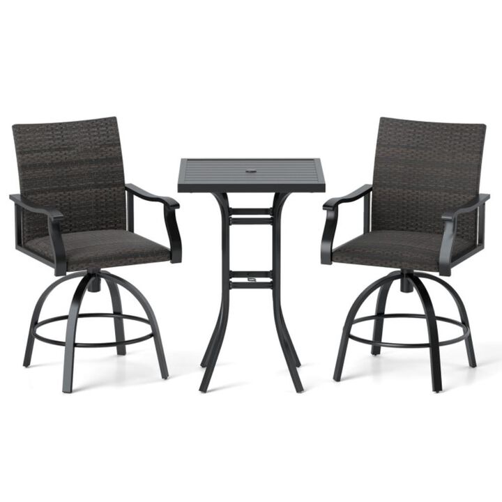 Hivvago 3 Pieces PE Wicker Patio Swivel Bar Set with Quick-Drying Foam