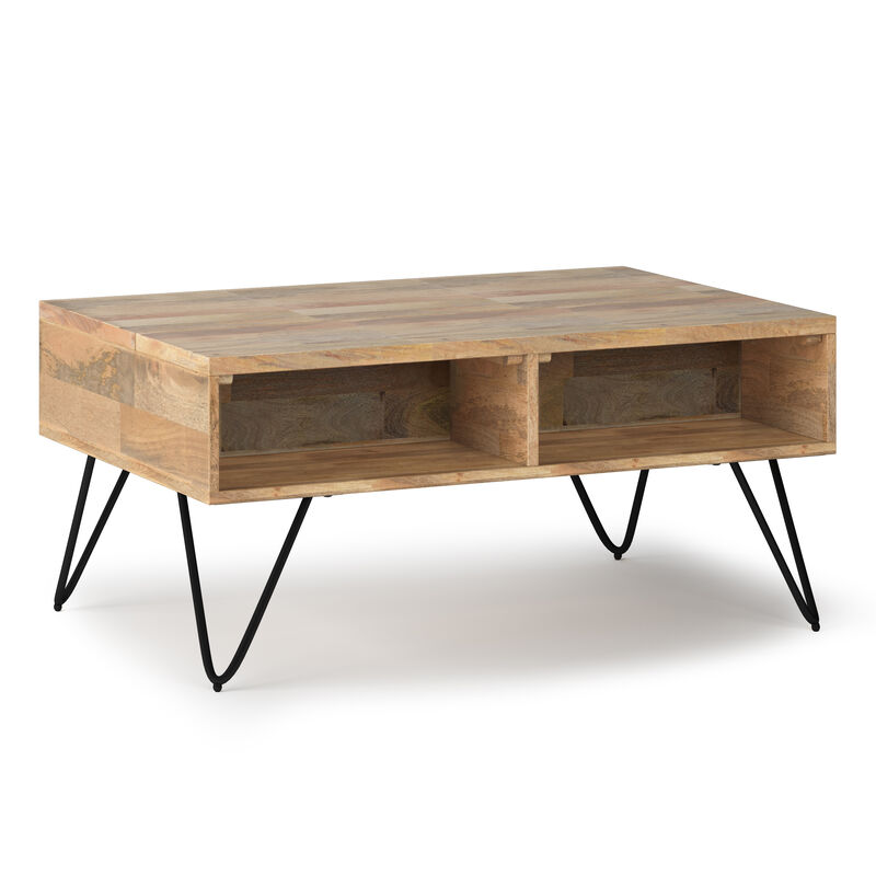 Hunter SOLID MANGO WOOD and Metal 36 inch Wide Rectangle Industrial Small Lift Top Coffee Table in Natural