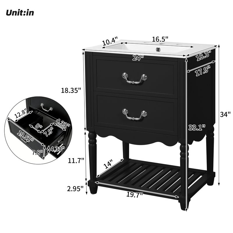 ELEMENT ACE 24 Inch Bathroom Vanity with Ceramic Sink, Bathroom Storage Cabinet with Two Soft-Close Drawers and Open Shelf, Vintage Elegant Wave Design for Bathroom Use image number 2