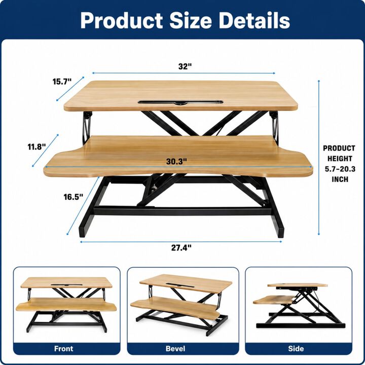 GOODSILO Height Adjustable 32 Inch Sit to Stand Desk Converter, Dual Monitor Laptop Workstation with Wide Keyboard Tray, Ergonomic Riser for Office and Study Use