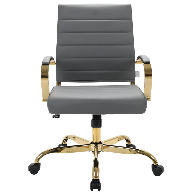 LeisureMod Benmar Leather Office Chair with Gold Accents, Adjustable Height, Swivel Base, Ergonomic Design for Home Office, Study, or Workspace