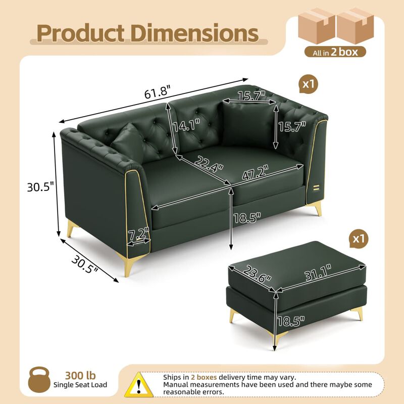 2-Piece Chesterfield Loveseat and Ottoman Set, Faux Leather Tufted Modular Sofa with Metal Trim for Living Room, Includes 2 Pillows image number 2