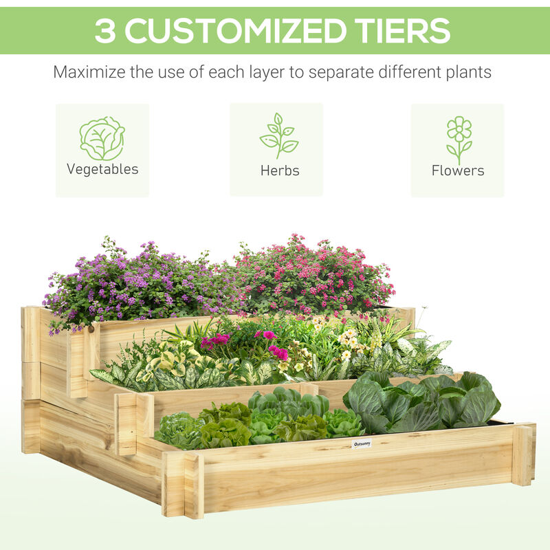 Outsunny 3-Tier Raised Garden Bed with 5 Compartments and Bed Liner, Elevated Wooded Wooden Planter Kit, for Vegetables, Herbs, Outdoor Plants, 37 x 37 x 14in, Natural